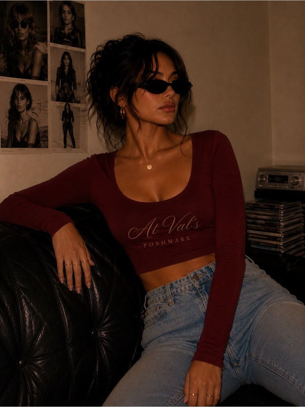 Naked Wardrobe Red Fitted Crop Top Long Sleeve Scoop Neck Crimson Red M